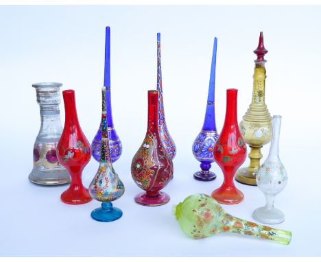 A GROUP OF BOHEMIAN GLASS ENAMEL DECORATED ROSEWATER SPRINKLERS, SPILL VASES AND BASES (11)Made for the Persian and Ottoman m