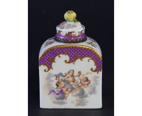 A SMALL MEISSEN GILT-METAL MOUNTED TEA CADDY AND COVERCirca 1760Of arched rectangular form, painted with putti amongst clouds