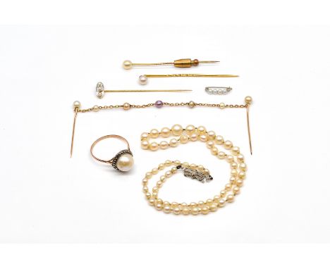 A GROUP OF FIVE CULTURED PEARL STICK PINS AND THREE FURTHER ITEMS (8)Comprising; a gold stick pin mounted with three cultured