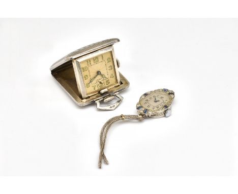 TWO WATCHES (2)Comprising; a lady's diamond and synthetic sapphire shaped oval cased wristwatch, the silvered dial with black