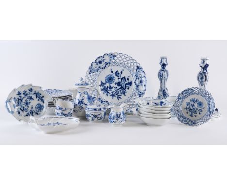 A GROUP OF MEISSEN BLUE AND WHITE `ONION' PATTERN PORCELAINLate 19th/20th centuryComprising; a pair of candlesticks, 25cm hig