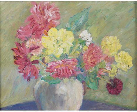 ELIZABETH ALETH (BRITISH, 20TH CENTURY)Dahlias
oil on canvas-board
31 x 38.5cm
ARR

Provenance
R. W. S. Galleries, Conduit St