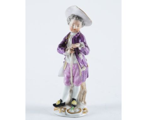 A MEISSEN FIGURE OF A YOUTHCirca 1760Modelled standing against a tree stump with a cane in his right hand, blue crossed sword