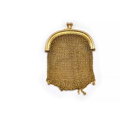 A GOLD CHAIN MESH COIN PURSEThe curved top mount with a snap clasp, detailed 9 K 9, fitted with a suspension ring and a lengt