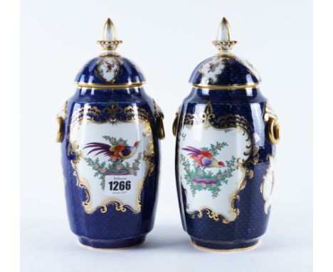 A PAIR OF GRAINGER'S WORCESTER BLUE-GROUND VASES AND COVERS (4)Circa 1897Of lobed swollen cylindrical form, set with acanthus