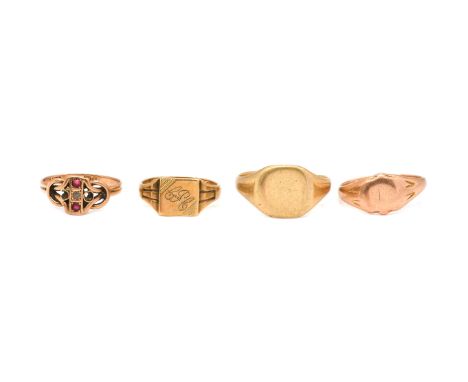 THREE 9CT GOLD SIGNET RINGS AND ANOTHER 9CT GOLD RING (4)Combined weight of the three signet rings 8.9 gms and another 9ct go