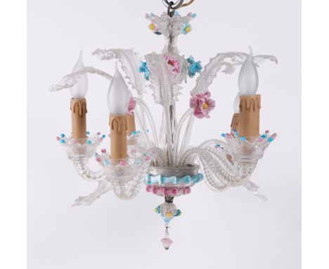 A VENETIAN GLASS SIX LIGHT CHANDELIER20th Century With pink and blue detail and flower heads, scrolling arms and foliate leav