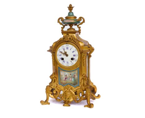 A FRENCH GILT-METAL MOUNTED PARIS PORCELAIN MANTEL CLOCK WITH JAPY FRERES MOVEMENT19th CenturyWith white enamel dial and blue