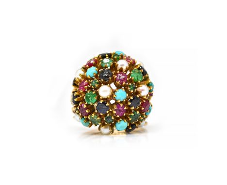 A GOLD, CULTURED PEARL AND VARICOLOURED GEMSTONE SET BOMBE CLUSTER RINGClaw set with circular cut emeralds, rubies, turquoise