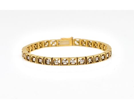 A GOLD AND DIAMOND LINE BRACELETComposed of 32 articulated, square open-work links set with round cut diamonds (estimated tot