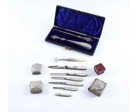 A COLLECTION OF SILVER AND SILVER PLATED COLLECTABLES  (13)Comprising; a silver and mother-of-pearl folding fruit knife and f