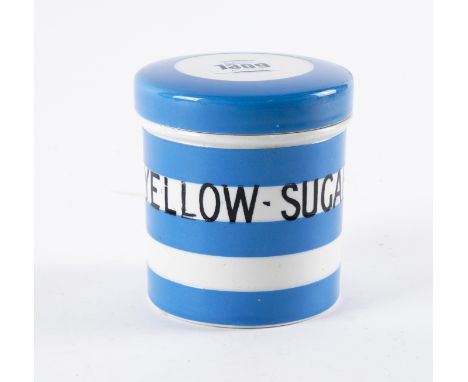 `YELLOW- SUGAR' A RARE TG GREEN CORNISH WARE CADDY AND COVER (2)Cylindrical form, titled in black on a blue banded ground, bl