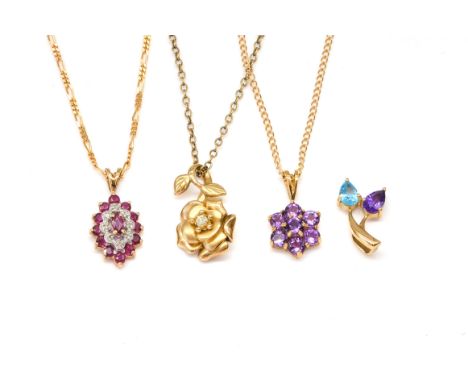 THREE 9CT GOLD AND GEM SET PENDANTS WITH NECKCHAINS AND A 9CT GOLD, AMETHYST AND BLUE TOPAZ PENDANT (4)Comprising; a ruby and