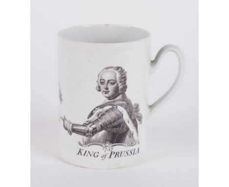 A WORCESTER `KING OF PRUSSIA' MUGDated 1757Cylindrical with slightly spreading base, printed in black with a named portrait o
