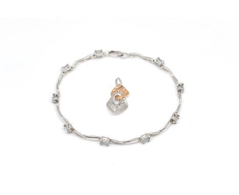 A  WHITE GOLD, AQUAMARINE AND DIAMOND BRACELET AND A DIAMOND PENDANT (2)The bracelet in a serpentine link design, claw set wi