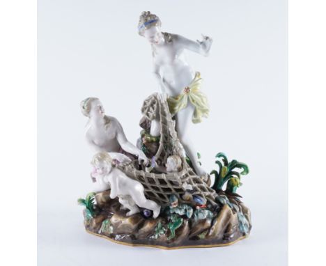 A LARGE MEISSEN FIGURE GROUPLate 19th centuryModelled as a scantily draped Venus and attendant with cupid hauling in a net wi