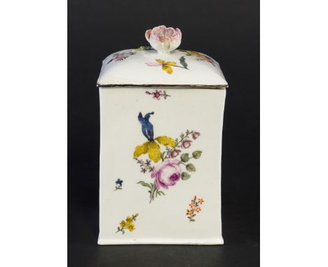 A MEISSEN TOBACCO JAR AND COVERCirca 1760Of square section, enamelled with flower sprays and sprigs, the cover with flower fi