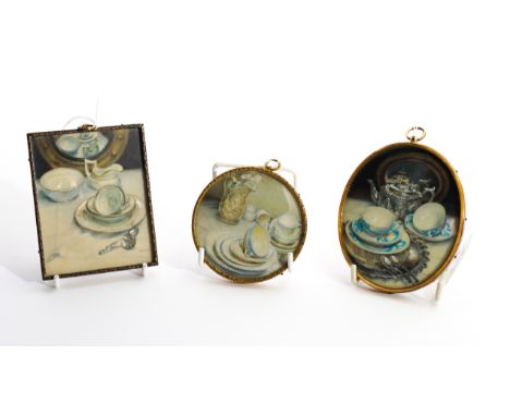 MARJORIE RODGERS (BRITISH, B. 1927)Worcester China; Old Minton Breakfast Cups; Stitched Warea set of three, each signed with 