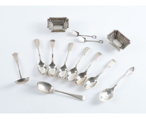 A PAIR OF SILVER SALTS AND A GROUP OF SILVER FLATWARE (13)The late Victorian cut cornered rectangular salts with partly flute
