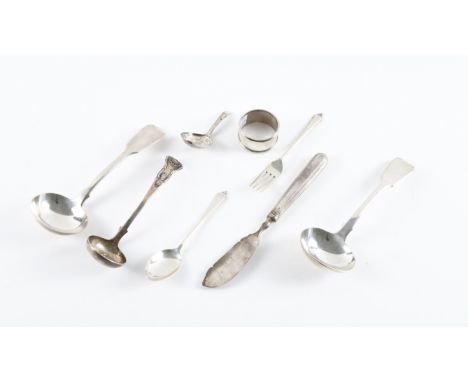A PAIR OF VICTORIAN SILVER FIDDLE PATTERN SAUCE LADLES AND SIX FURTHER SILVER ITEMS (8)The sauce ladles London 1838, also a t