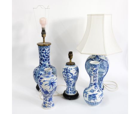 A GROUP OF FOUR CHINESE BLUE AND WHITE CERAMIC TABLE LAMPS AND VASES (5)Late 19th Century and Later Including a Dutch Delft b