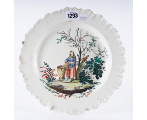 AN UNUSUAL WEDGWOOD CREAMWARE PLATE SIGNED JACQUES BOSELLYCirca 1780Painted with a peasant woman standing before a tree stump