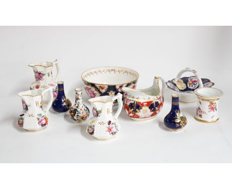 A GROUP OF ENGLISH PORCELAIN (10)First half 19th centuryComprising; a pair of small Derby blue ground bottle vases painted wi