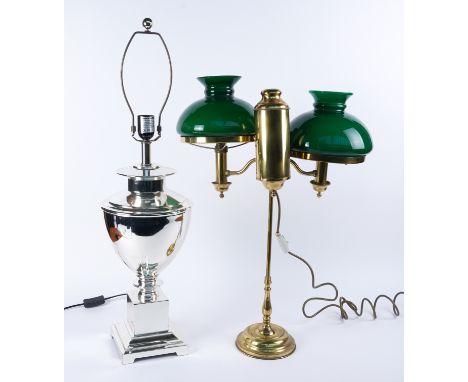 AN EDWARD MILLER STYLE BRASS DOUBLE STUDENT LAMP (2)Early 20th Century With central draught burner and double student lamp, e