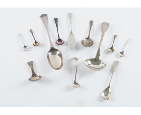 A SILVER KING'S PATTERN CADDY SPOON AND FURTHER SILVER FLATWAR (12)The caddy spoon Birmingham 1830, also a fiddle pattern sau