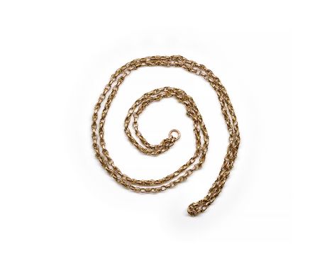 A GOLD LONG CHAINIn an oval and multiple link design, with a suspension ring to be worn at the front, weight 22.2 gms, length