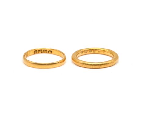 TWO 22CT GOLD PLAIN WEDDING RINGS (2)Comprising; probably London 1927, ring size L and a half and London 1903, ring size O an