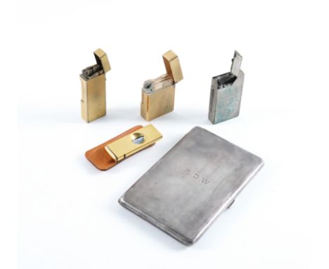 A SILVER RECTANGULAR CIGARETTE CASE AND FOUR FURTHER SMOKING RELATED ITEMS (5)The cigarette case with engine turned decoratio