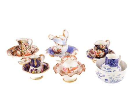 A GROUP OF SIX ENGLISH PORCELAIN MINIATURE JUGS AND BASINS (12)19th/ early 20th centuryIncluding a Derby Japan pattern octago