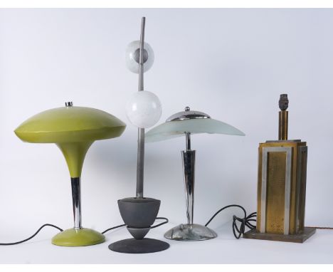 FOUR CONTEMPORARY TABLE LAMPS (4)Late 20th CenturyIncluding an Art Deco style chrome and gilt rectangular plinth base, 48cm h