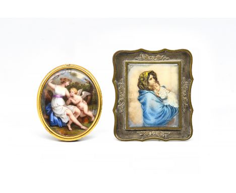 AN OVAL MINIATURE PANEL BROOCH AND A RECTANGULAR PORTRAIT MINIATURE (2)The oval brooch painted with a classical miniature vie