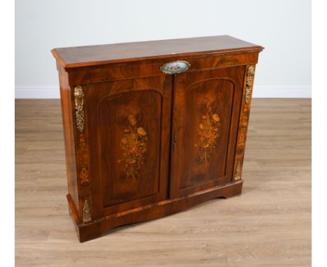 A 19TH CENTURY GILT-METAL AND CERAMIC MOUNTED FIGURED WALNUT TWO DOOR SIDE CABINET112cm wide; 34cm deep; 102cm highCondition 