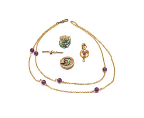 A GROUP OF JEWELLERY (5)Comprising; a gold, sapphire and diamond bar brooch, a Victorian turquoise and pale blue gem set circ