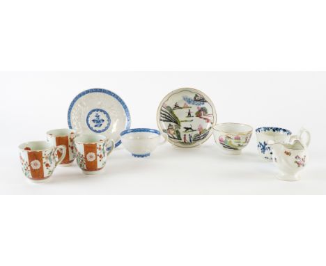 A GROUP OF ENGLISH PORCELAIN18th centuryComprising; a Worcester blue and white reeded coffee cup, circa 1758, painted with th
