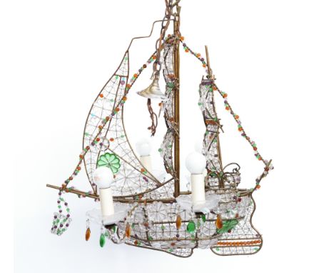 A GILT-METAL AND GLASS MOUNTED FOUR LIGHT SHIP-SHAPED CHANDELIERLate 20th Century With green and amber tinted glass drops and