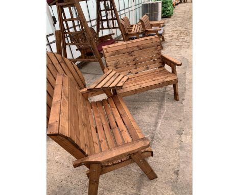 AN AS NEW EX DISPLAY CHARLES TAYLOR GARDEN FURNITURE SET. TWO DOUBLE SEAT BENCHES WITH JOINING DRINKS SHELF