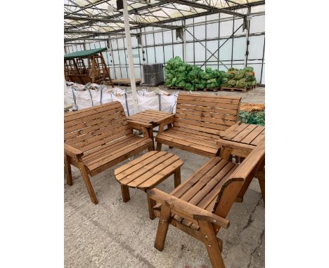 AN AS NEW EX DISPLAY CHARLES TAYLOR GARDEN FURNITURE SET. THREE DOUBLE SEATER BENCHES WITH TWO DRINKS TABLES. ONE OVAL COFFEE