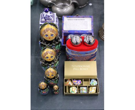 A MIXED LOT TO INCLUDE TWO SETS OF CHINESE EXERCISE BALLS, SIX CLOISONNE PILL BOXES, SET OF NESTING DOLLS AND A LIDDED CHINES