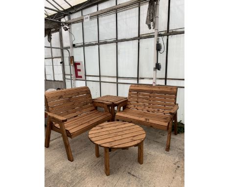 AN AS NEW EX DISPLAY CHARLES TAYLOR GARDEN FURNITURE SET. TWO DOUBLE SEATER BENCHES WITH SQUARE DRINKS TABLE. ONE COFFEE TABL