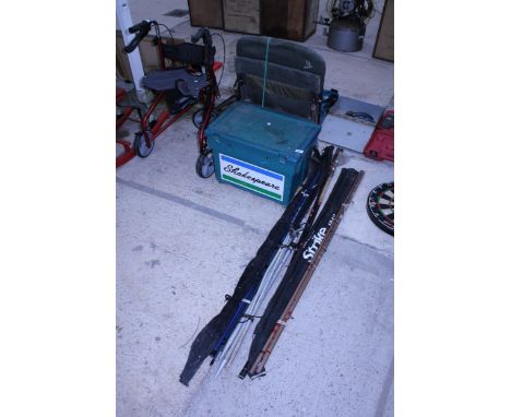 AN ASSORTMENT OF FISHING TACKLE TO INCLUDE A TACKLE BOX, RODS AND POLES ETC