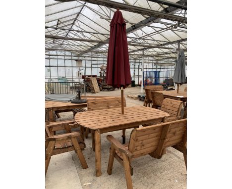 AS NEW EX DISPLAY CHARLES TAYLOR GARDEN FURNITURE SET. ONE OVAL TABLE WITH UMBRELLA AND UMBRELLA STAND. TWO DOUBLE SEATS AND 