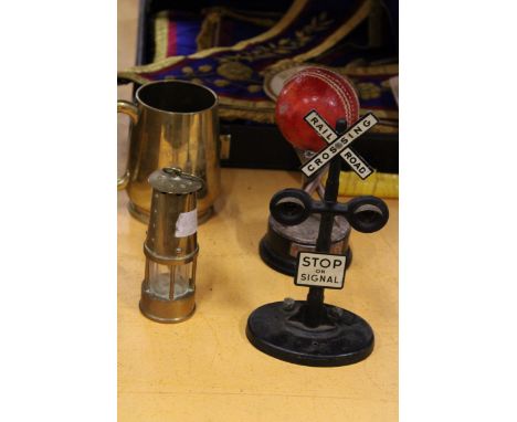 FOUR VINTAGE ITEMS TO INCLUDE A LEIGH SAILING CLUB, AUTUMN SUNDAY, MIRROR CLASS TANKARD, A SMALL BRASS MINERS LAMP, CRICKET B