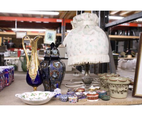 A COLLECTION OF FOURTEEN PILL BOXES, STONEWARE PLANTERS, A TABLE LAMP, BOHEMIAN GLASS JUG, LUSTREWARE LIDDED POT AND A WEDGWO