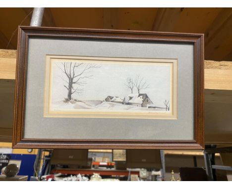 A SMALL FRAMED PRINT OF A SNOWY HILL AND HOUSE BY JEAN GAY STUART