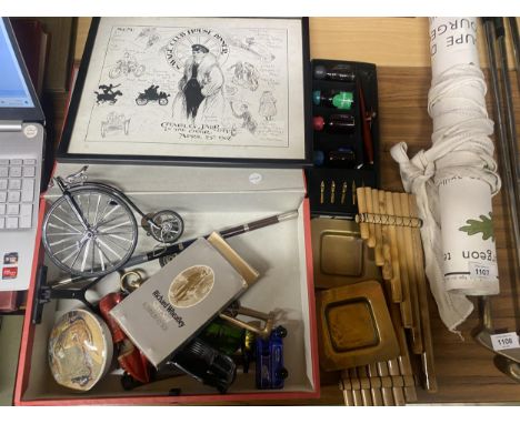 AN ASSORTMENT OF ITEMS TO INCLUDE TOY CARS, A SILVER SEAL FLY BOX, A VINTAGE MODEL BICYCLE ETC