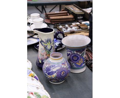 TWO POOLE POTTERY VASES AND AN OLD TUPTON WARE JUG